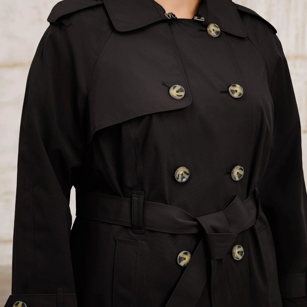 London Fog Women's Double Breasted Trench Coat w/ Belt Black Large L NEW - Picture 3 of 11